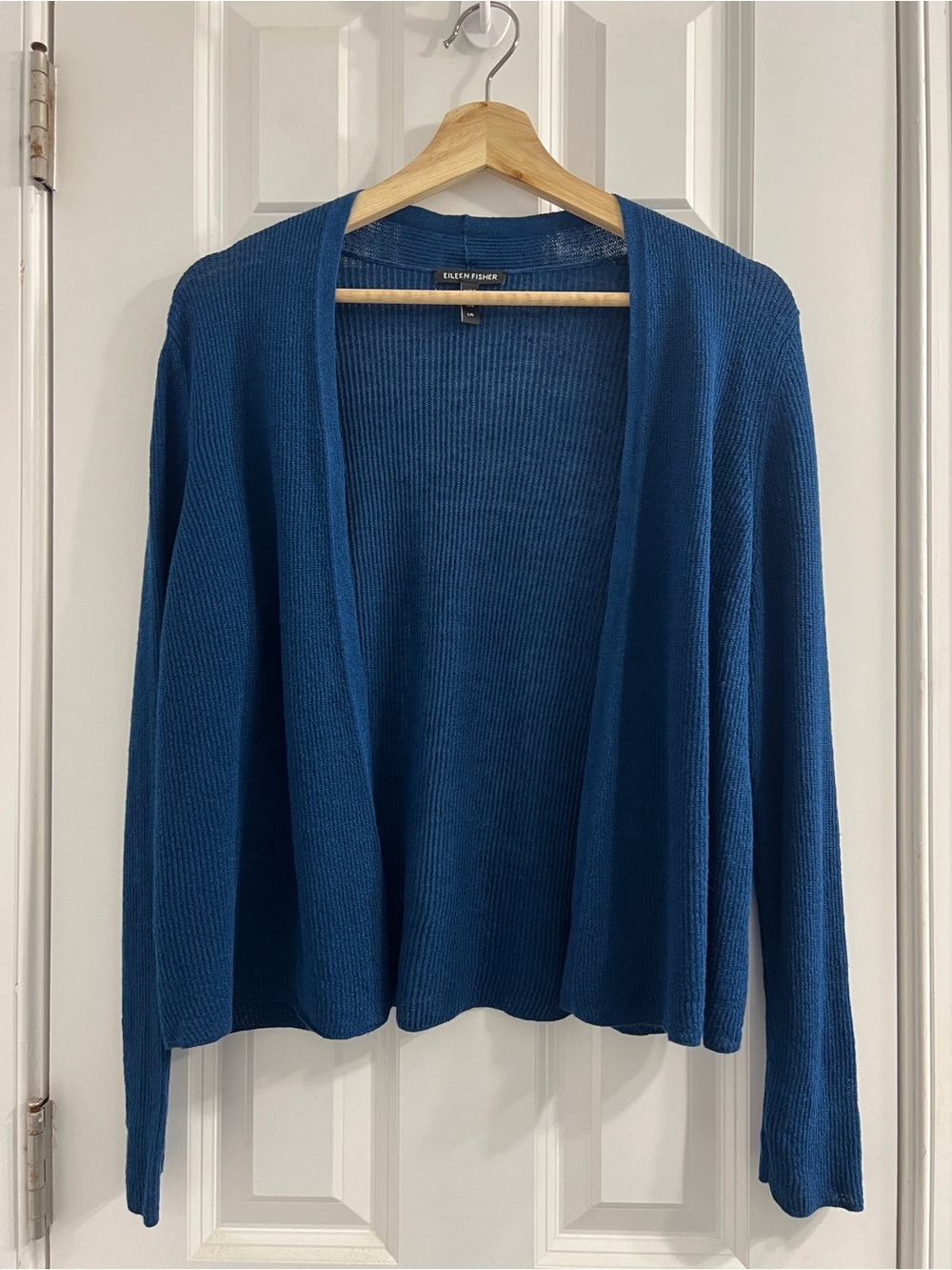 Eileen Fisher Organic Linen Blue Open-Front Ribbed Cardigan- Large
